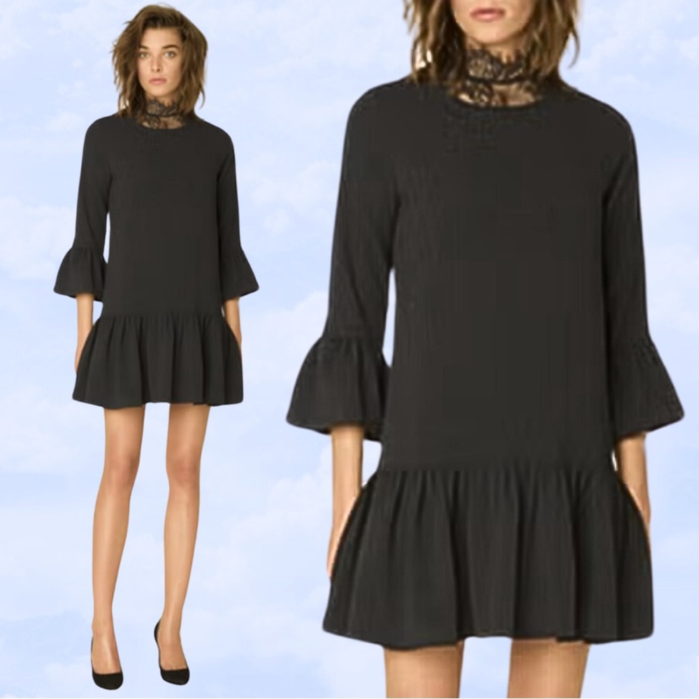 GANNI Santa Monica Midi Dress EUC Black Ruffle Drop Waist 3/4 Sleeve size Medium